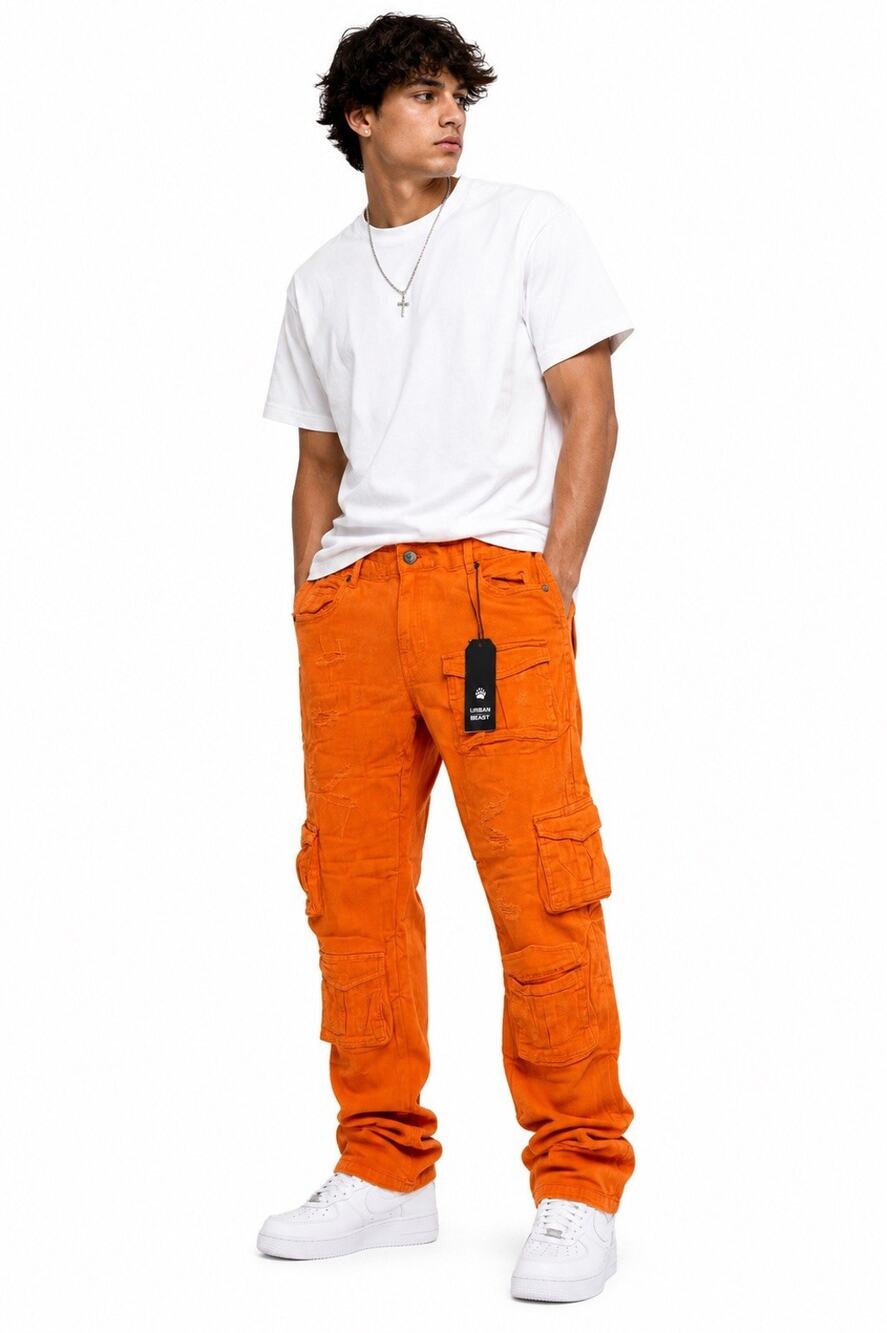 Urban Beast Orange Distressed Cargo Pants Men’s 34x36 Stretch Utility NWT